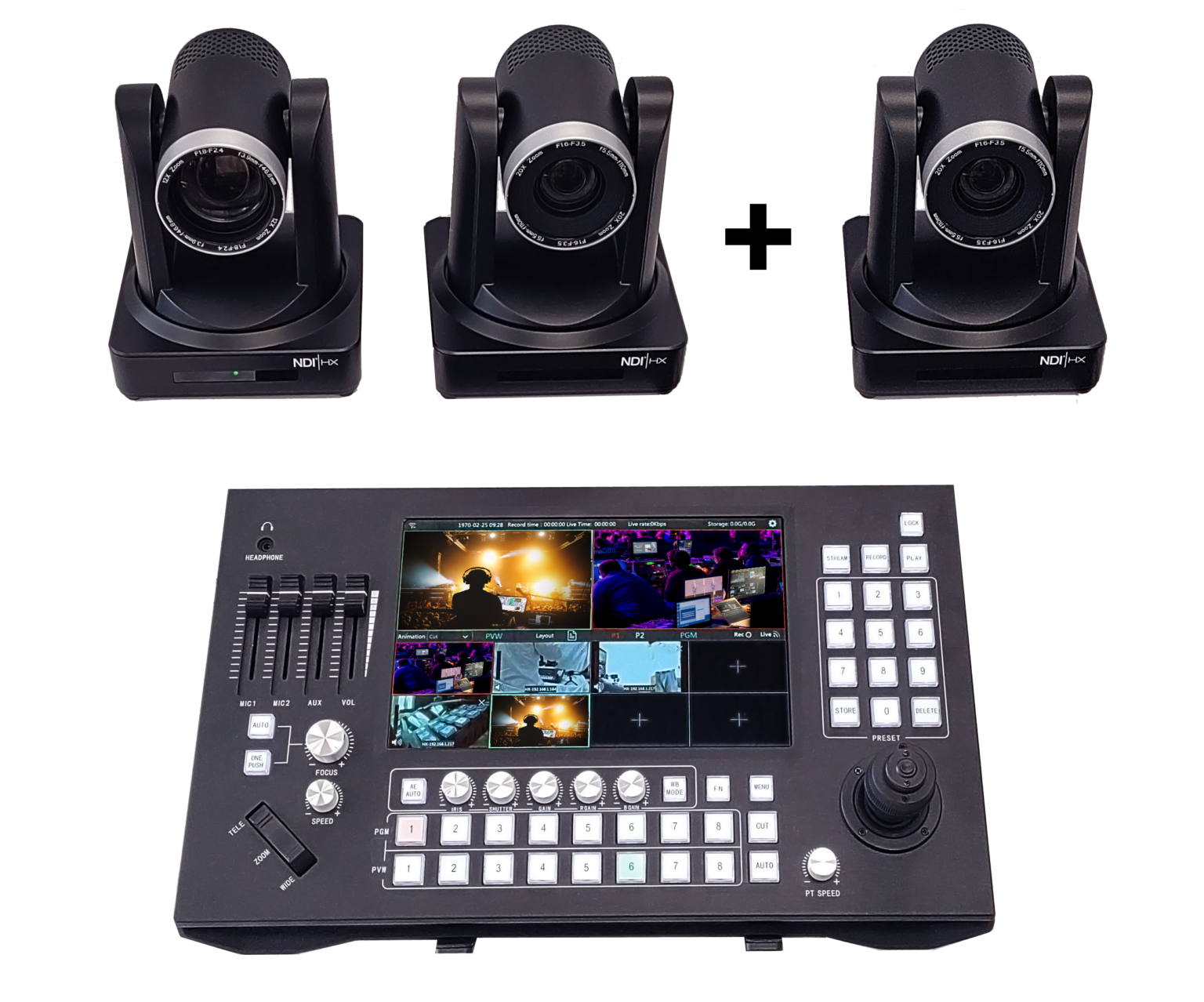 PTZCam Switch N8 NDI Switcher Bundle with Three 20X Optical Zoom PTZ