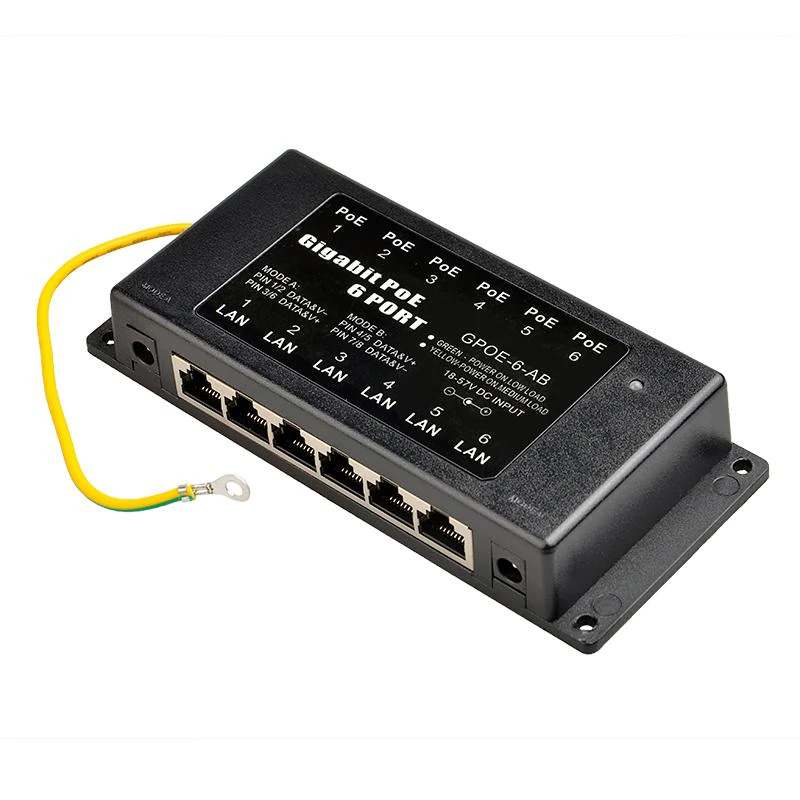 6 Port Gigabit, Mode A/B PoE Injector with 48V 120W Power Supply