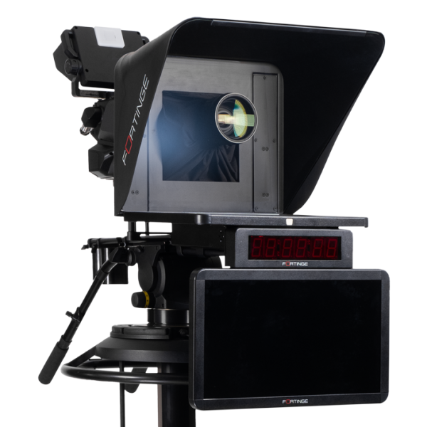 ERA IP left angle with monitor Fortinge ERA IP 19-HB - 19" High Brightness Studio Prompter Set with HDMI/Composite/VGA/SDI/NDI Inputs and Composite/SDI Outputs - Image 7