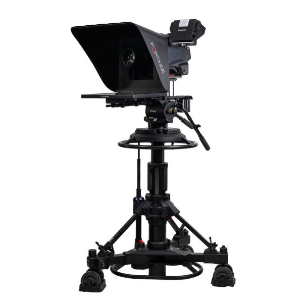 ERA LITE front right on tripod (full height) Fortinge ERA LITE 19-SDI - 19" Studio Prompter Set with HDMI/Composite/VGA/SDI Inputs and SDI Output - Image 4