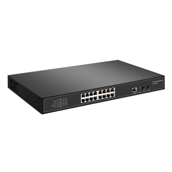 PTZC-16P-POE-2SFP Front Left Angle 1000x PTZCam 16-port Gigabit Ethernet POE+ Network Switch for Live Streaming - Image 3